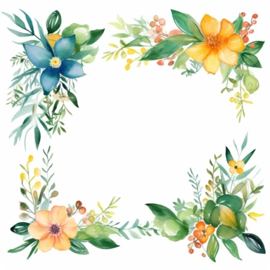 Create a cottagecore and charming square frame. The frame will serve as clipart and celebrate the beauty of nature. A square frame featuring intertwined watercolor leaves and flowers. The leaves are delicately painted with vibrant shades of green, while the flowers, such as daisies and forget-me-nots, add pops of color with their soft and charming petals. Leaves should be carefully tinted with vibrant hues that capture the essence of nature's lush foliage. The watercolor technique gives the work