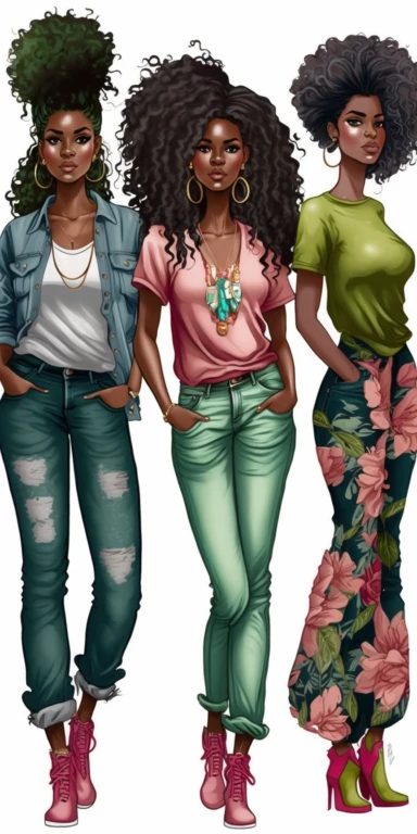 Full body group of black women wearing pink and apple green shirts and blue jean pants large curly black natural hair clipart, Fashion Illustration,