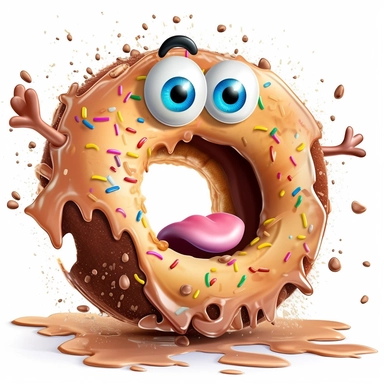 clipart of a messy female donut, there is a funny face in the female donut, cartoon, for kids, funny, pixar, cream filling, hole in the middle, 8k, white background, sharp focus, detailed,