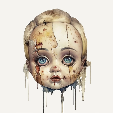 a headshot showing the scary face of a possessed antique doll with cracks, watercolor, ultra high-detail, dark outlines, clipart