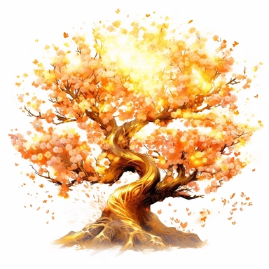 cherry blossom banana oak tree, oak white fire flame, light, golden sun, mighty flowers, pristine, sparkling, white flame, fire light mega epic flowers of epicness, cool and spiky, owning everything, floral art, no background, beautiful, no text, clipart, watercolor