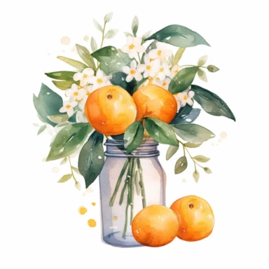 Create a watercolor oranges clipart with glass nd bouquets