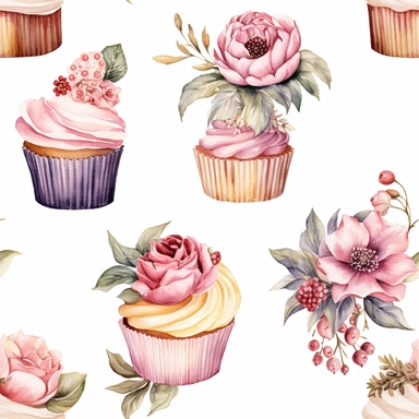 Draw a watercolor-style clip art images that feature objects related to an aesthetic adorned with floral designs. The images should have aesthetic, and should incorporate elements such as watercolor [gold] cupcake item collection, isolated on a white background, gourmet, classy, simple, graphics, clipart, procreate, 8k, 3D, realistic ipated with floral leaf designs, in the style of organic forms, muted tones, victorian-inspired illustrations, taxidermy, intricate patterns and details, ingrid baa