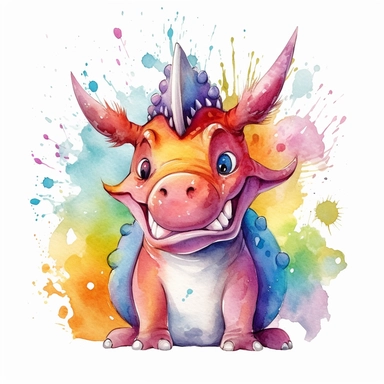 watercolored clipart with triceratops, funny and friendly, goofy, silly and playful dinosaur, colored, white background