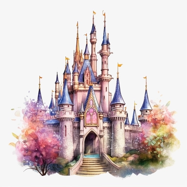 Watercolour animated whimsical beautiful Disney inspired beautiful fairytale castle Disney inspired fairytale castle beautifully detailed perfect details ultra highly detailed, 18k, sharp focus, bright photo with rich colours digitally enhanced, enhanced graphics, straight, sharp focus, bright lighting, intricate detailed png image ,high definition,300dpi,graphic clipart,computer graphics