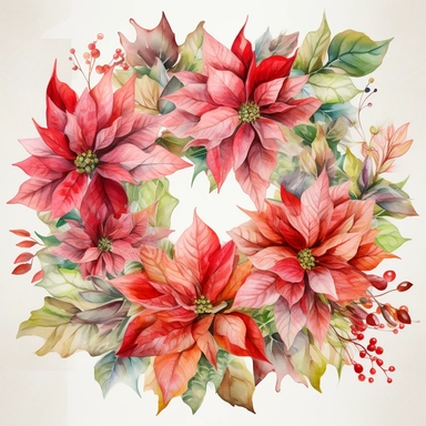 Watercolor Painting of beautiful multi - headed Poinsettia Wreath FLOWERS on white background DETAILED ILUSTRATION, Flora Design Patterns, Flemish Baroque by Rachel Ruysch, Behance, Rococo, Intricate Detailed, Soft Light Effect, Oil Paint Strokes, Light Academia Aesthetic Flowers, Lighting cinematic, all shown shimmering stamens, tyndall light, texture, colorful, 8k, fantasy, ray tracing, vivid, spectacular lighting, octane rendering, highly detailed, ultra - realistic, white background, clipart