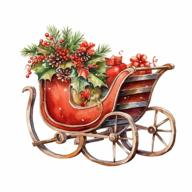 watercolor clipart of vintage Christmas sleigh, isolated on white background