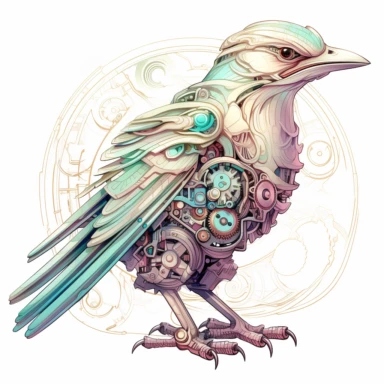clipart, isolated on white background, a bird with pastel colors, in the style of detailed science fiction illustrations, ivory, mysterious backdrops, quadratura, fairycore, wimmelbilder, fantastical machines