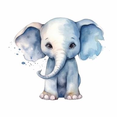 draw a watercolor cute baby safari animal elephant, single object, watercolor illustration, cartoon clipart, white background for removing background