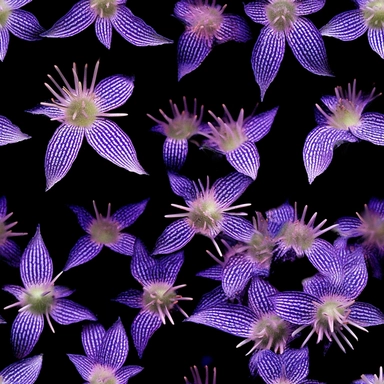 Purple borage flowers as a clipart with black background. A masterfully crafted digital artwork that explores the beauty and intricacy of purple borage flowers. The composition offers a close-up perspective, allowing the viewer to marvel at the delicate details of each petal and the unique patterns they create. Soft lighting highlights the vibrant purple tones, evoking a sense of tranquility and serenity. The artwork exhibits a contemporary realism style with a touch of impressionism, reminiscen