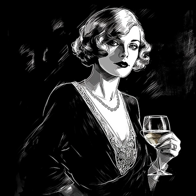 sketch clipart of 20s poster lady enjoying wine, hd, white on black background, spaced out,--ar 3:2