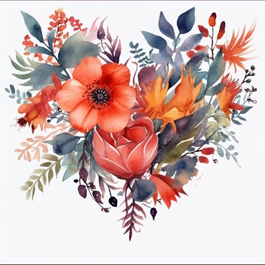 floral heart clip art, watercolor,clear background, white background