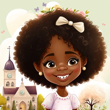 Happy Black Girl Smiling on Easter Sunday , in front of a church , easter basket , Easter art, funny black girl clipart, Funny black girl , Frilly Easter Dress , Ribbion in Hair, Cheerful african american girl child png, clipart, afro ,Full body with legs , Cottage core , Love shack Fancy, Highly detailed close-up portrait , standing , Nicoletta Ceccoli, Mark Ryden, lostfish, Earl Nor, global lighting, divine rays, detailed and intricate surroundings, sf, intricate artwork masterpiece, ominous, 
