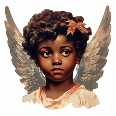 Vintage 1920 Portrait Shot View Of a black child head with Angel Wings Behind it Illustration , in the style of late 19th century, Chromolithograph, 1920s Illustration, Vintage, Chromolithograph, Colorful, Antique, Ephemera, Clipart, 8k, Isolated on white