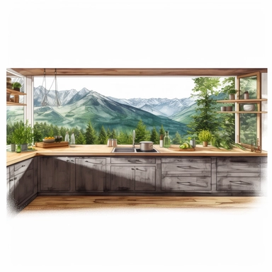 watercolor, hyper realistic, white background, white margins, 16k, ultra detailed clipart, cut out image, hand-drawn a mountain kitchen with a large window looking out over a beautiful forested valley, featuring a natural wood countertop and modern stainless steel appliances