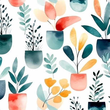 seamless pattern, colorful abstract pot plant, modern art, light blue colors, watercolor clipart, white background, minimalist, abstract, simplistic