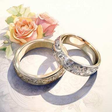 2 same wedding rings with lace, and Ranunculus blooms, diamond solitaire rings. single diamond as the centerpiece, held securely in place by a prong setting. The bands are made of gold, and adorned with intricate engravings or small accent diamonds.watercolor impressionist shadow gradation, watercolor 8k ultra detail with white background high sharpness ultra detail, for clip art