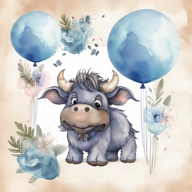 watercolour Happy Buffalo Cartoon Clipart, Cute, no text