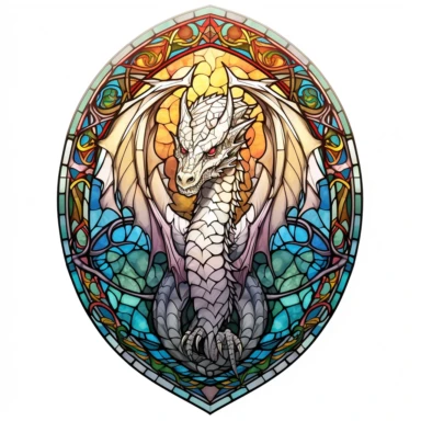 Gothic arched doorway window with a captivating stained glass-inspired dragon artwork clipart on a white background. light colors simlisistic design Translucent effects add enchantment to the dragon within the arched doorway window.
