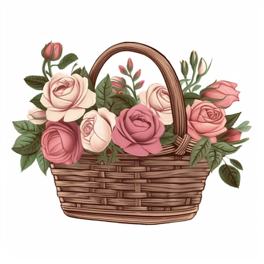 vintage basket of roses sublimation clipart, vector, illustration, 2d, flat colors, isolated background