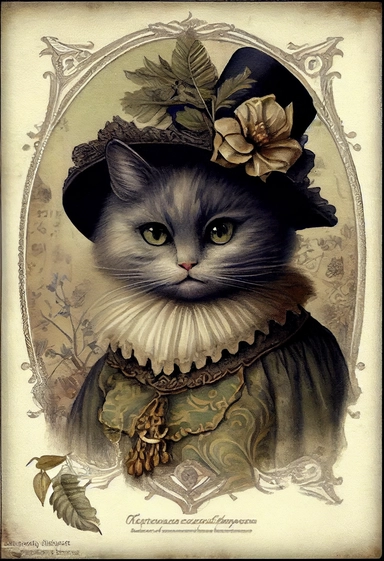 an adorable victorian cat by [Rebecca Latham + Sarah Stribbling + sumi-e + nicoletta ceccoli], Easter theme, epic scene, dark dark academia watercolor vintage CLIPART, illustration, hyper realistic, intricate detail clipart, watercolor, painterly, Jean-Baptiste Monge, drawing on top of old grunge beautiful scrapbooking background paper, old paper texture, decoupage printable digital background, distressed borders, vintage borders, grunge borders, shabby borders