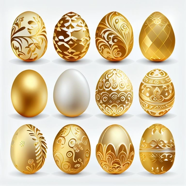 set 12 easter golden eggs white background, clipart