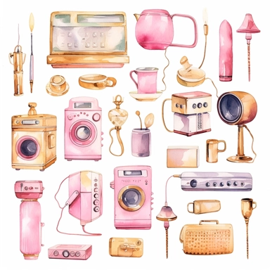 handpaint, gadget clipart,devices icon set, isolated white background, single design, sharp, bold , sweet pink, cream pastel, gold, hand-painted watercolor