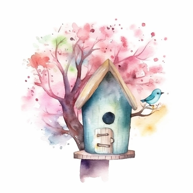 Vector clipart, isolated on white background, beautiful lovely Watercolor Spring wooden bird house hanging on the blue bloming tree, ornated, pastel and saturated colors