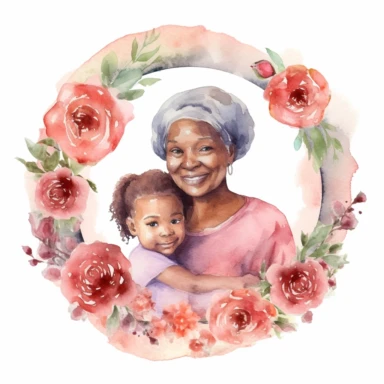 cute watercolor clipart with dark skinned older mom and adult childrens hugging echother in circle, beautiful, hight quality, pastel colors, white background, decorated with red roses