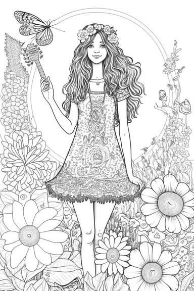 Hippie Girl Full body Clipart Flower Power, vector, illustration, cartoon, marvelous, black and white line art adult coloring page, highly detailed, white background