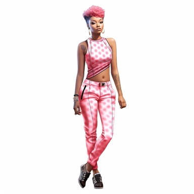 Full body image A 3D clip art , style young black woman gorgeous face, with pink pixie boy cut hairstyle trendy cameo print jumpsuit and tank crop shirt , beautiful, confident and classy, african - american influence, realistic white background