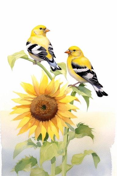 two American goldfinches on sunflowers. use a combination of vibrant colors and subtle variations in color to capture the freshness and vitality of the scene. Let the transparent and flowing nature of watercolors add a sense of lightness and movement to the painting, clipart, plain isolated white background, 8k ultra detail high sharpness