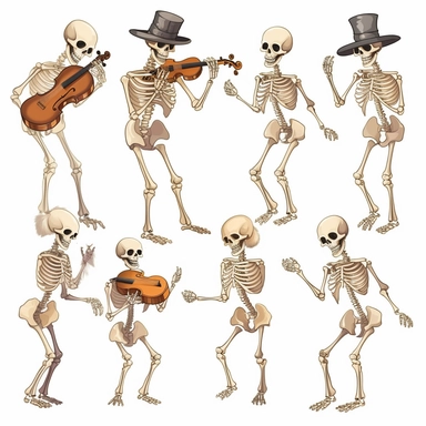 collection halloween dancing skeletons playing violin, clipart, white background
