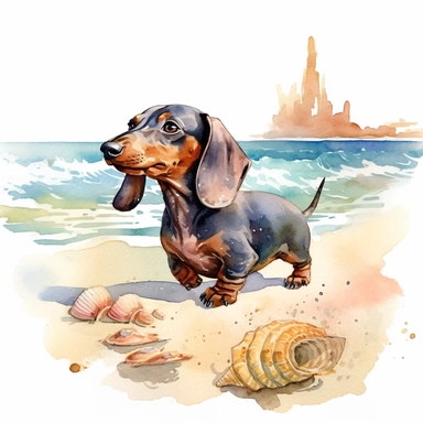 Dachshund taking a leisurely stroll along a sandy beach, with the gentle waves and seashells in the backdrop, capturing the joy and freedom of a beach outing, white background, watercolor clipart.