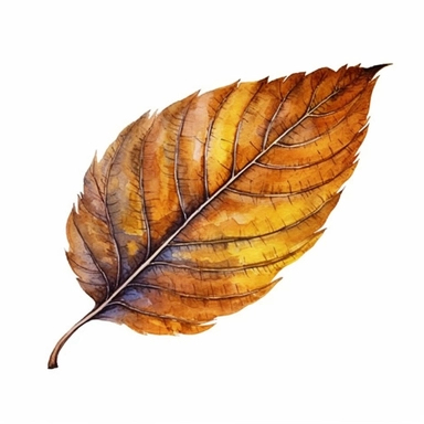 Autumn Ovate Leaf side angle in Watercolor hyper-realistic detailed illustrations, elegant water ink brush strokes techniques, delicate markings, monochromatic paintings, free brushwork, watercolor illustrations, painted illustrations Clipart, White Background Clipart, White Background
