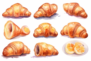watercolor croissant clipart, hd, white background, spaced out