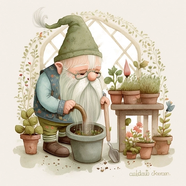 A watercolor painting of a grandad gnome potting plants in his greens house , gardening, greenhouse, grandad Gonk, cute gnome grandpa, grandad gnome, cute detailed digital art, inspired by nicoletta ceccoli, by Kubisi art, whimsical and cute, by nicoletta ceccoli, cute detailed artwork, glimmering, adorable and whimsical, whimsical art, Clipart style, png style, svg style, blank white background, a solid white background