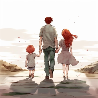 view of back, father holding daughter and boy hand walking away, red hair, Watercolor Clipart, strybk, full Illustration, chibi kawaii, 8k, sharp focus, watercolor, smooth soft skin, symmetrical, soft lighting, detailed face, concept art, muted colors, children's style fairy tales, Octane rendering, 3D, Craig Davison, Aubrey Beardsley, Conrad Roset, Aikut Aidogdu, Agnes Cecil