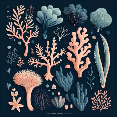 corals clipart, in the style of muted and subtle tones, cartoon, close up, booru, wimmelbilder, hand-painted details, charming characters, thick texture, blue hues