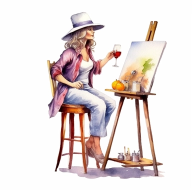 watercolour lady sitting on a stool with wine glass in hand painting a canvas on an art easel hd clipart white background