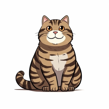 Cute cartoon happy cat, overweight dark STRIPED brown tabby cat with big ears, A LOT OF TIGER black strips, brown fur, brown chest, dark brown eyes, full body sitting, white background, clip art, vector graphic