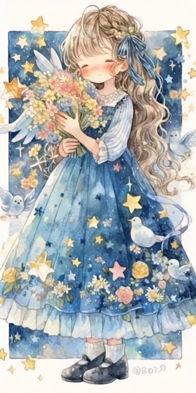 Watercolor beautiful feathers and flowers, stars and universe, exploring 10 years old girl, with smile, Full body, face side, fantasy illustration, perfect face, with beautiful face and with stars, beautiful light brown hair, beautiful face, perfect face, perfect eyes, love, flowing dress, vivid vibrant colors, intricate detail, hyper detailed, hyper quality, 32K, unreal engine, isolated on white background, kawaii, clipart, fantasy art