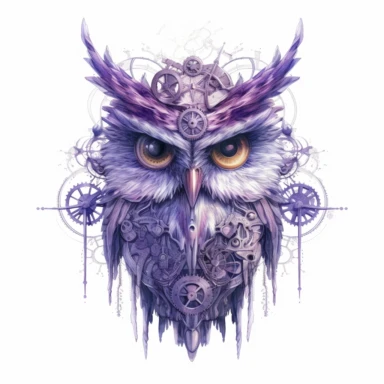 witch owl , in the style of mystic mechanisms ,pencil art illustrations, Isolated white background, reimagined by industrial light and magic, lith printing, illusory images, watercolor clipart, very subtle purple tones, , ,