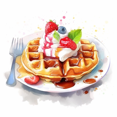 Food clipart of waffle on a white plate: watercolor style: watercolor drawn: Studio Lighting: NIKON D300 + 50mm f/1.4 @ 50mm, ISO 200, 1/200, f/3.2, Kaleidoscope, Cheiron Crush, Photolithography, Close-Up Portrait, Sketchfab, front view, Sharp, Hyperrealistic interpretate detail, finely detailed, Octane render, illustration,