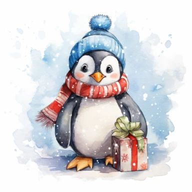 A lovable penguin wearing a Santa hat and a big smile, holding a christmas gift, standing on an icy surface, surrounded by snowflakes and a snowy backdrop, ornamental watercolor clipart