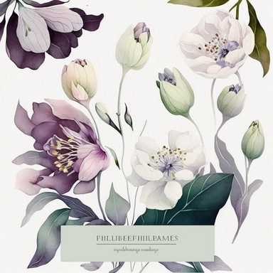 watercolor floral CLIPART, PURPLE HELLEBORES AND WHITE SPRING BLOSSOMS PREMADE BORDER, pastel pale COLORS, clipart, no background, blank space for writing, CLEAN OUTLINE, delicate and elegant, dreamy airy color, classic style, airy watery colors, with elements of GREEN LEAVES, hd, best quality, 8k, ar:3:1