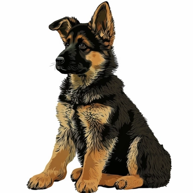 A German Shepherd puppy is a loyal and intelligent breed of dog. They are courageous and protective of their family. They are known for their friendly and outgoing personalities, and their strong sense of smell and hearing. Their thick, double-coat is usually black and tan in color. They need regular exercise and training in order to stay healthy and happy. This clip art depicts a German Shepherd puppy with its head held high, ready to explore and protect its family. Its fur is shiny and black a