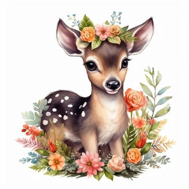 adorable baby deer, full body With Flower Wreaths vibrant colors, red mushroom, outline black, highly detailed, oilpainting clipart white backround