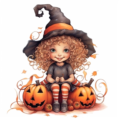 a happy little cute curly girl in a five-year-old witch's hat, pumpkin, web, spider, red, brown, style by Lusy Fleming, folk art, watercolor, clipart elements, smooth gradients, black contour outline, ultra detailed, white background, super clear, high quality