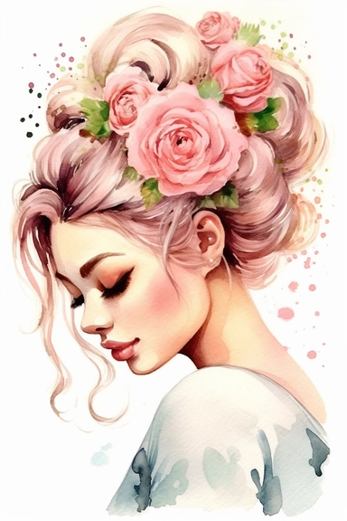 a cute cartoon pretty young Girl with a high white and pink ligth colored bun and roses sparkling around her profile, long curly hair with mini flowers in head, portrait, daydreaming expression in watercolor form, sarah kay and holly hobbies, clipart, watercolor, smiling, on a white background, daydreaming expression in watercolor form